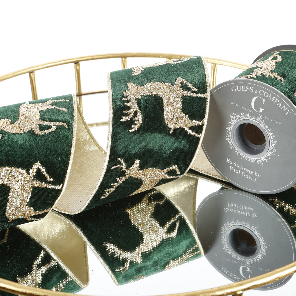 4"X 5 YD GLITTER PRINT ON GREEN PLUSH VELVET WITH LT GOLD METALLIC DUPION BACK RIBBON