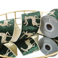 4"X 5 YD GLITTER PRINT ON GREEN PLUSH VELVET WITH LT GOLD METALLIC DUPION BACK RIBBON