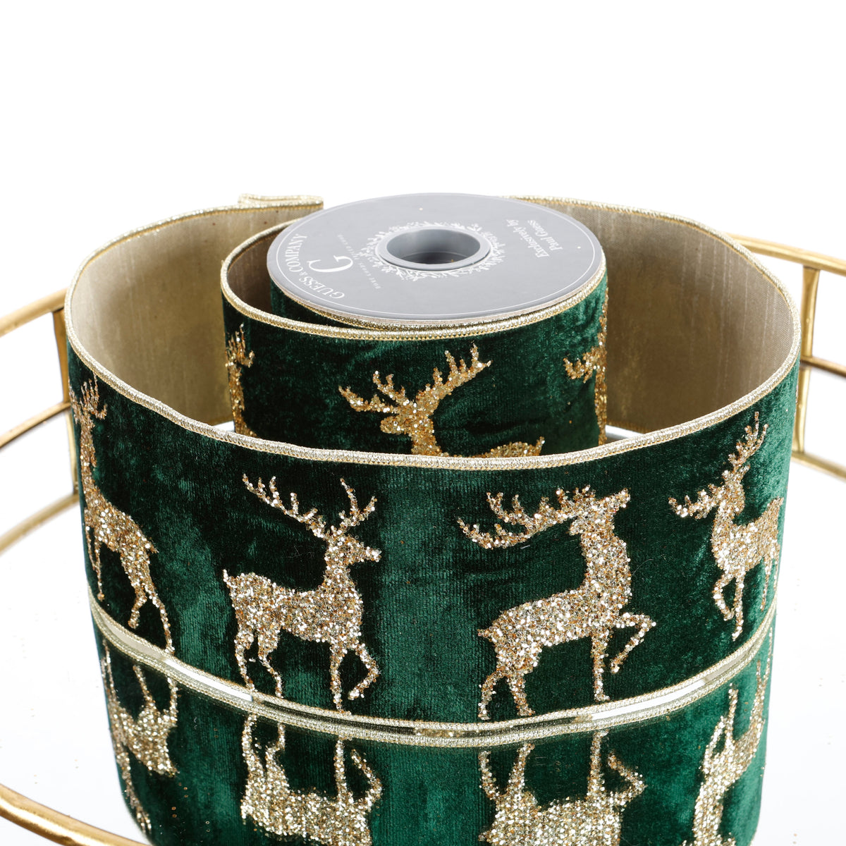 4"X 5 YD GLITTER PRINT ON GREEN PLUSH VELVET WITH LT GOLD METALLIC DUPION BACK RIBBON