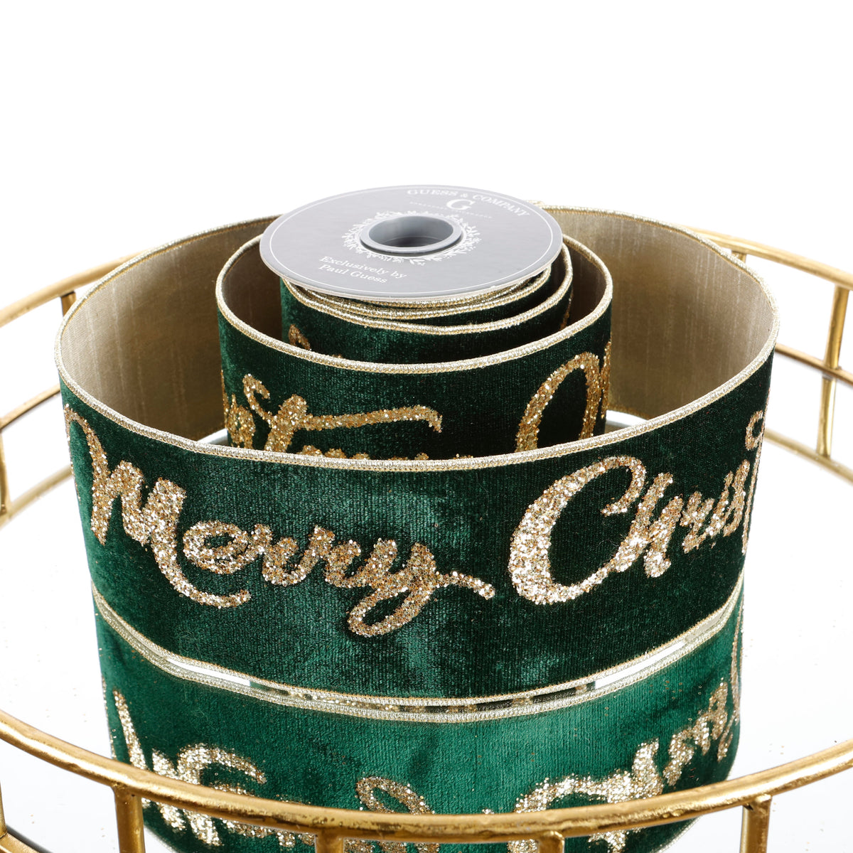 4"X 5 YD GLITTER PRINT ON GREEN PLUSH VELVET WITH LT GOLD METALLIC DUPION BACK RIBBON