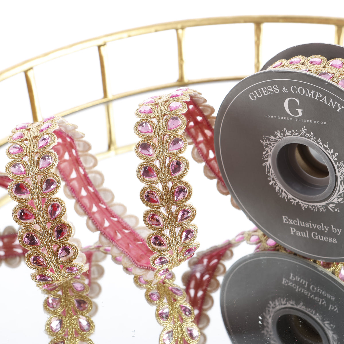 1" BEADED FLORAL EMBROIDERY TRIM WITH PINK STONE RIBBON