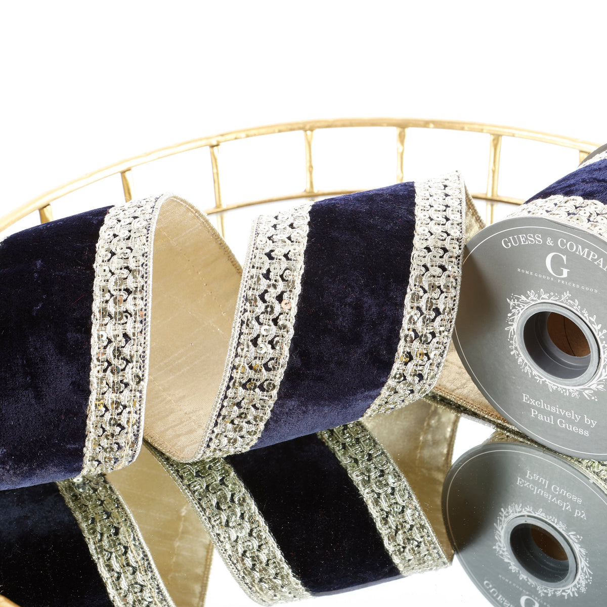 4" X 5 YD GOLD TRIM ON NAVY PLUSH VELVET WITH LT GOLD DUPION BACK RIBBON