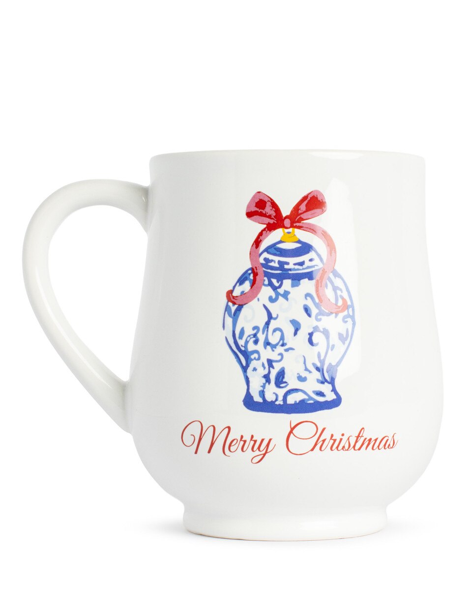 Merry Christmas Chinoiserie Coffee Mug White/Blue/Red 18oz