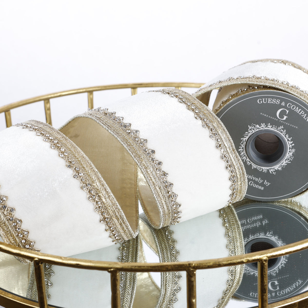4"X 5 YD TRIM ON WHITE PLUSH VELVET WITH LIGHT GOLD METALLIC DUPION BACK RIBBON