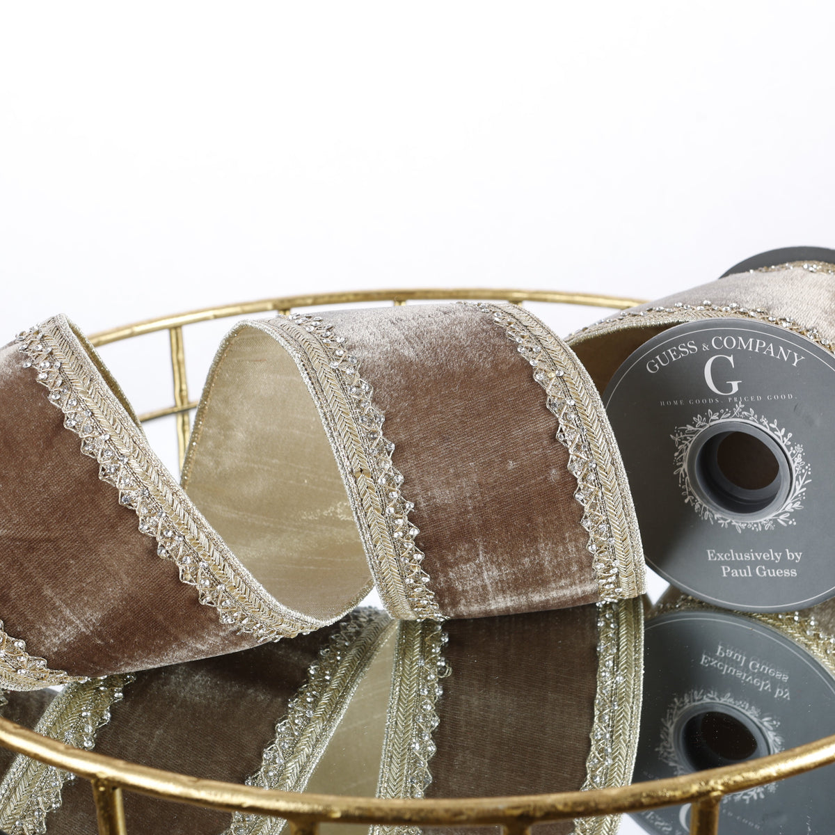 4" X 5 YDTRIM ON BROWN PLUSH VELVET WITH LIGHT GOLD METALLIC DUPION BACK RIBBON