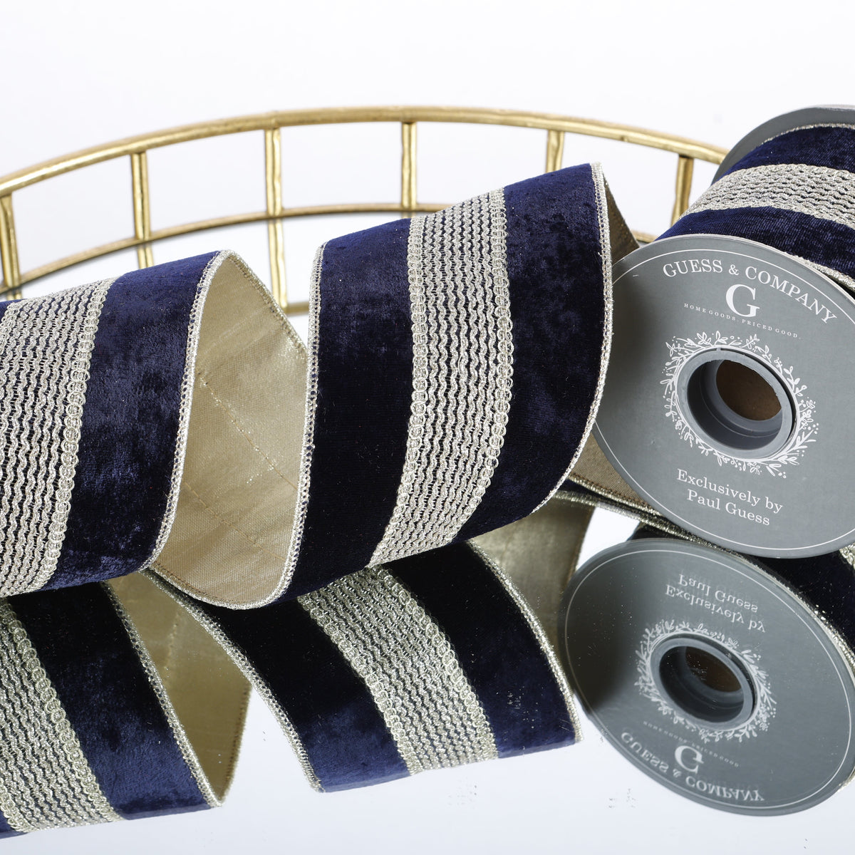 4"X 5 YD TRIM ON NAVY PLUSH VELVET WITH LIGHT GOLD METALLIC DUPION BACK