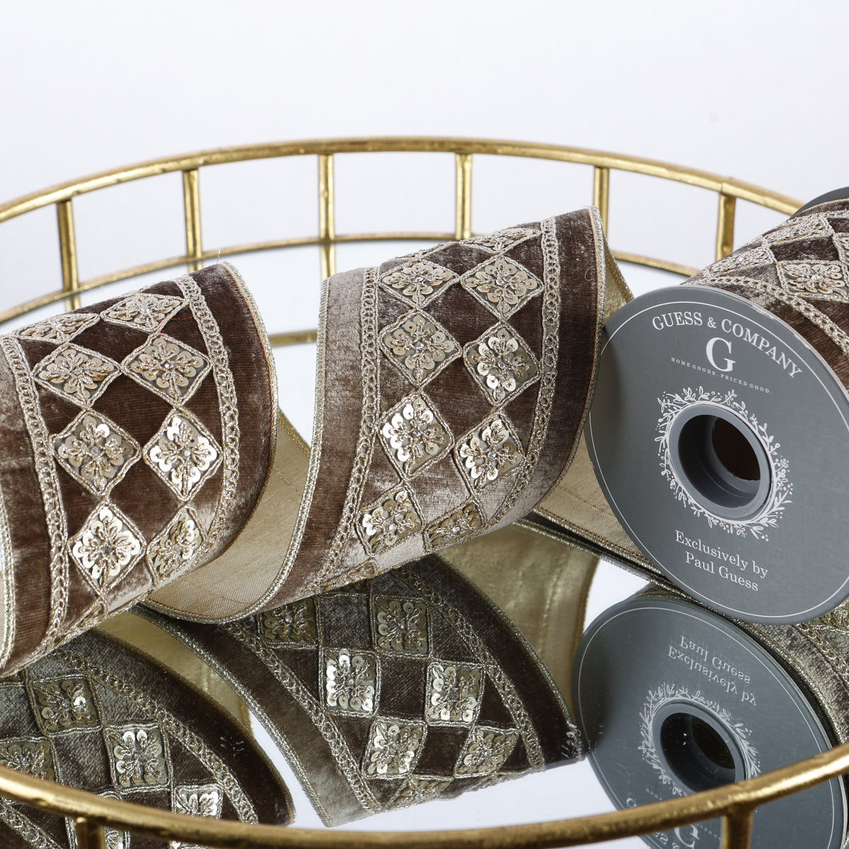 4"X 5 YD GREY VELVET WITH GOLD DIAMOND DUPION BACKED RIBBON-did not receive