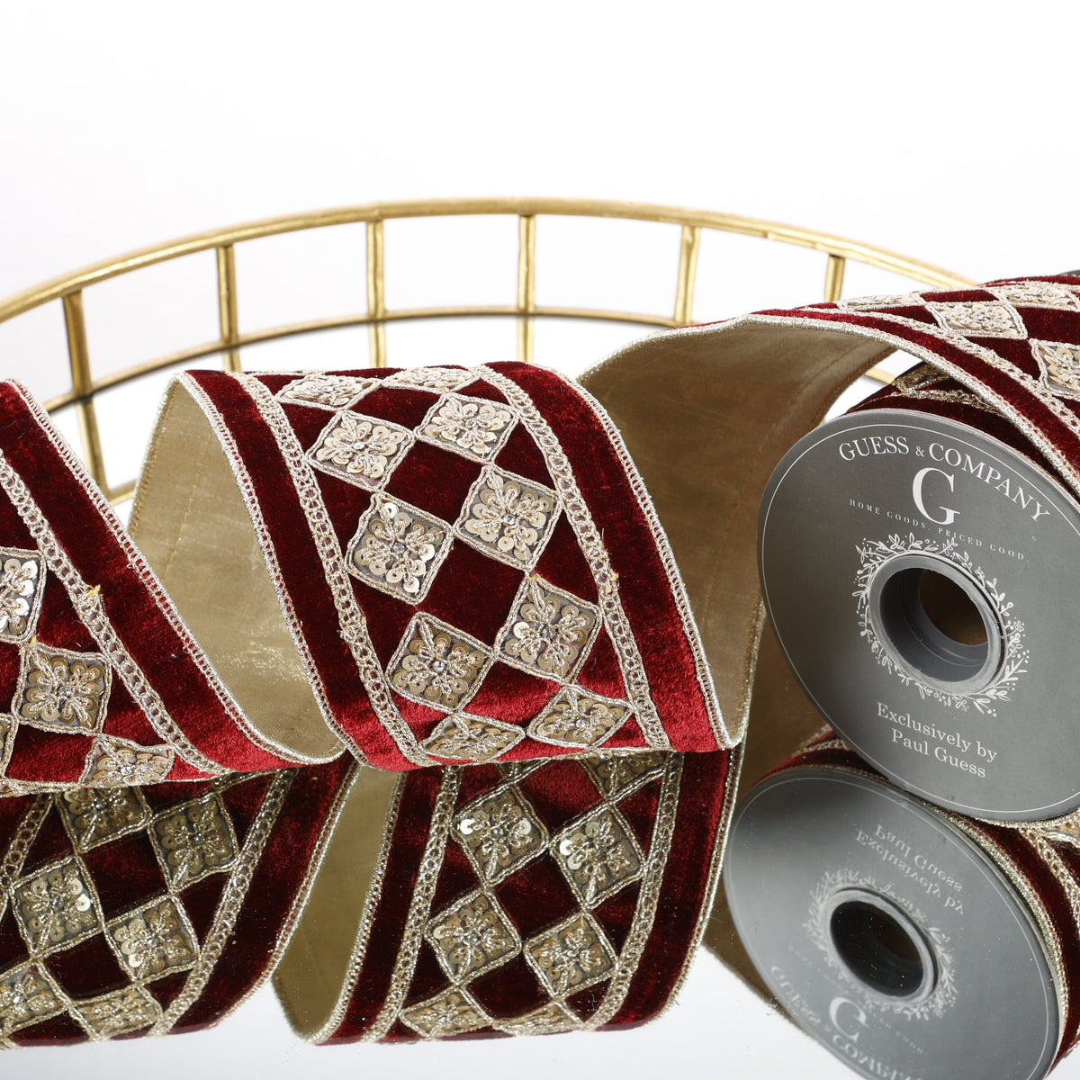 4"X 5 YD BURGUNDY VELVET WITH GOLD DIAMOND DUPION BACKED RIBBON
