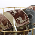 4"X 5 YD GLITTER PRINT ON DARK BROWN PLUSH VELVET WITH LT GOLD METALLIC DUPION BACK RIBBON