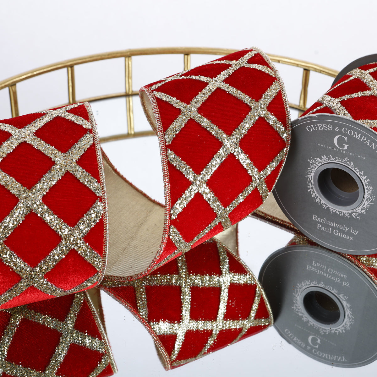 4"X 5 YD GLITTER PRINT ON RED PLUSH VELVET WITH LT GOLD METALLIC DUPION BACK RIBBON