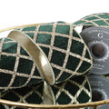 4"X 5 YD GLITTER PRINT ON GREEN PLUSH VELVET WITH LT GOLD METALLIC DUPION BACK RIBBON