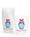 Chinoiserie Merry Christmas Party Cups Frosted/Blue/Red 16oz. Set of 10