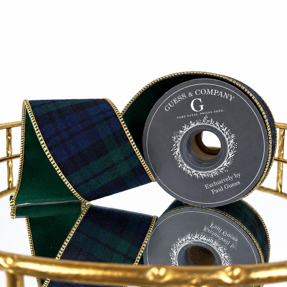 2.5"X5YD BLACKWATCH TARTAN PLAID WITH GOLD EDGE AND DARK GREEN DUPION BACK RIBBON