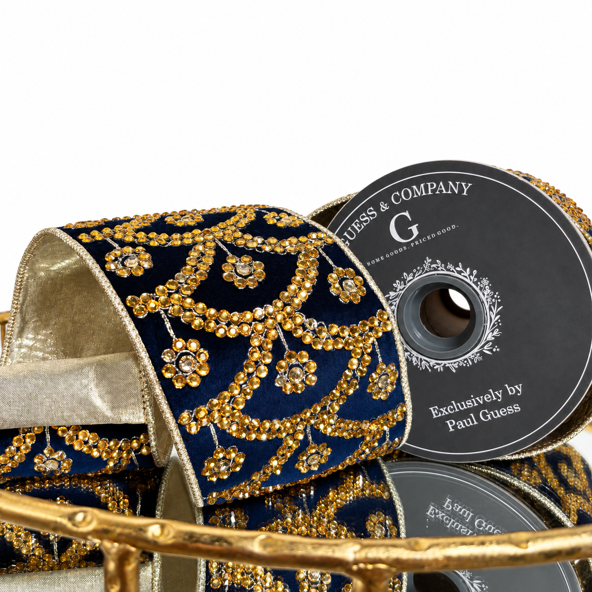 4"X5YD EMBROIDERED WITH STONE ON NAVY BLUE VELVET WITH LIGHT GOLD LAME BACK RIBBON