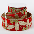 4" X 5 YDS RED VEL GOLD LEAF GREEN BEADED DUP BACK RIBBON