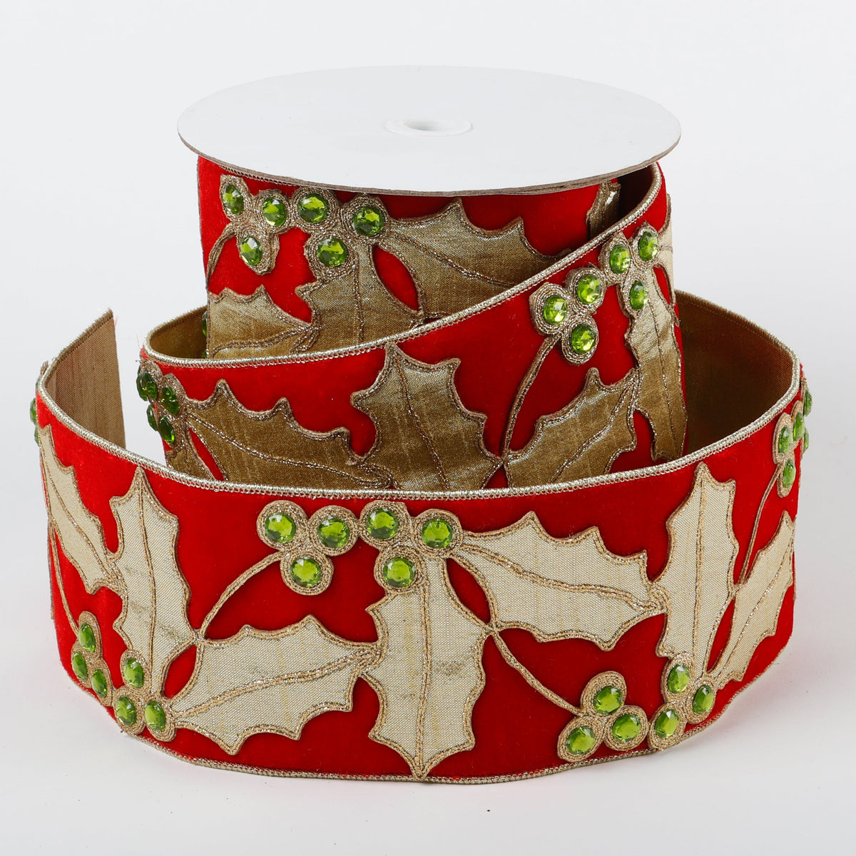4" X 5 YDS RED VEL GOLD LEAF GREEN BEADED DUP BACK RIBBON