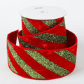 4" X 5 YDS RED VELVET GREEN STRIPES DUPION BACKED RIBBON