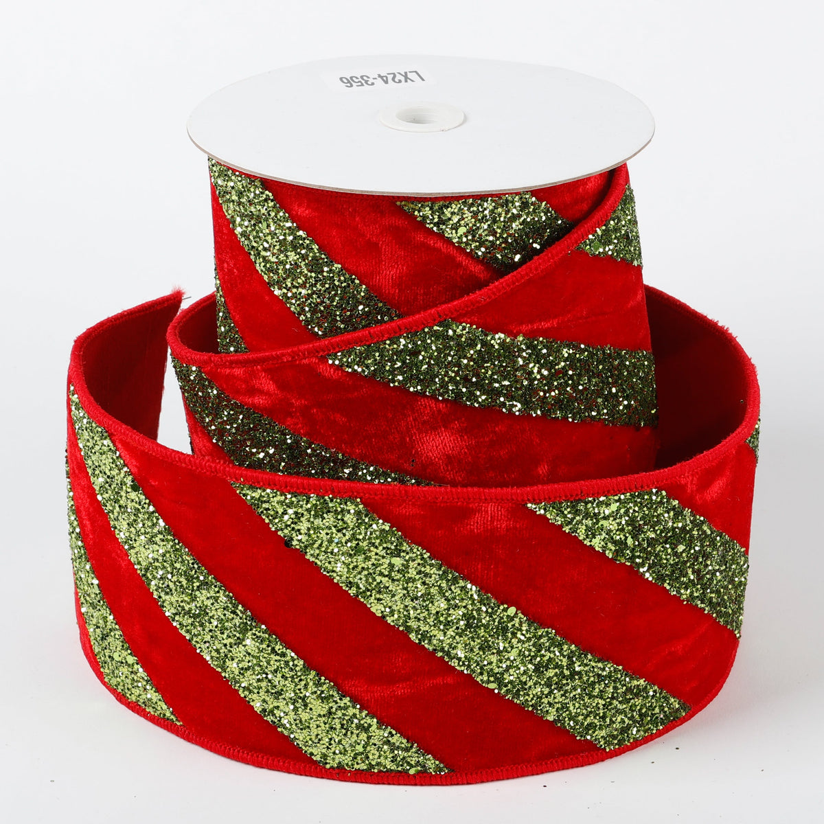 4" X 5 YDS RED VELVET GREEN STRIPES DUPION BACKED RIBBON