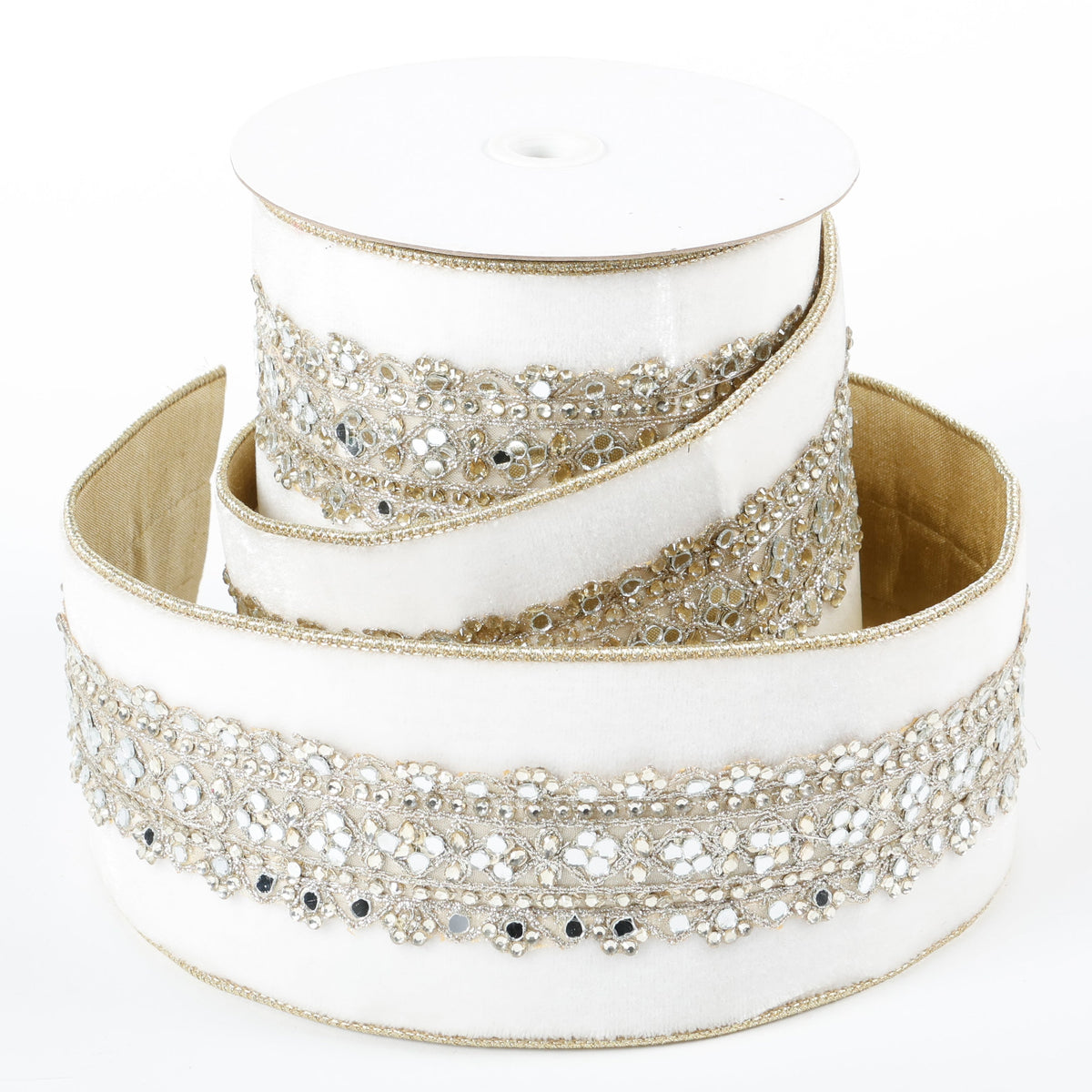 4" X 5 YDS WHITE VELVET JEWELED GOLD DUPION BACKED RIBBON